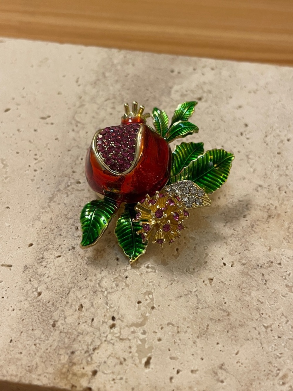 Neiman Marcus Pomegranate Brooch Red Green Enamel Crystal Statement Pin - Picture 2 of 5